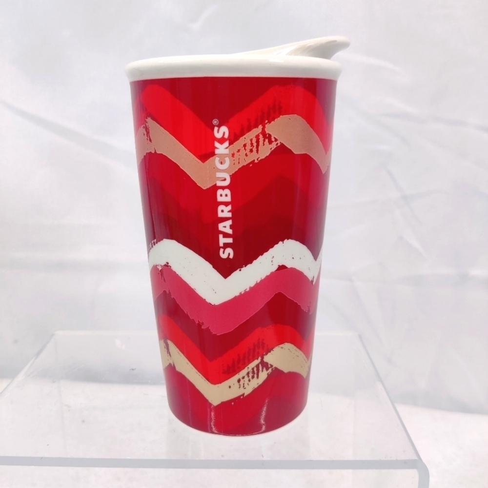 Starbucks Ceramic Travel Tumbler 2014 Collectible Coffee Cup w/ Lid Red Chevron